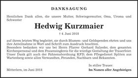 Traueranzeige Hedwig Kurzmaier