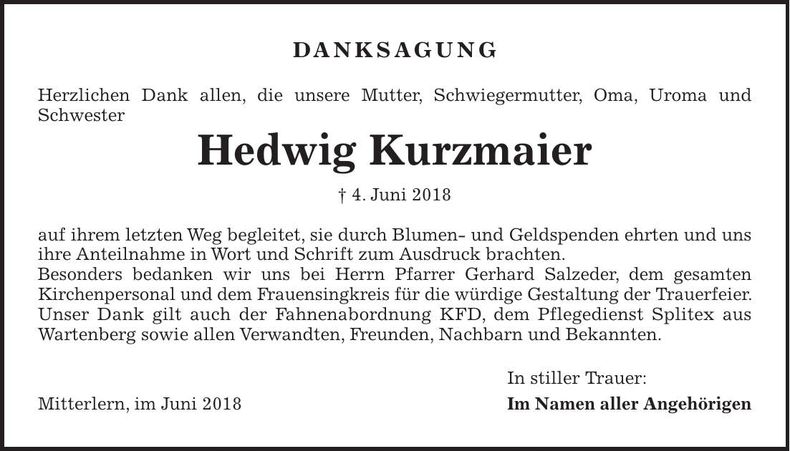 Traueranzeige Hedwig Kurzmaier