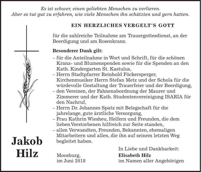 Traueranzeige Jakob Hilz