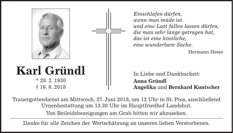 Traueranzeige Karl Gründl
