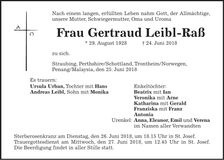 Traueranzeige Gertraud Leibl-Raß