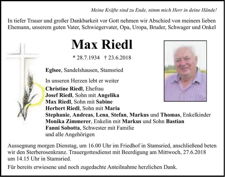 Traueranzeige Max Riedl