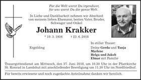 Traueranzeige Johann Krakker