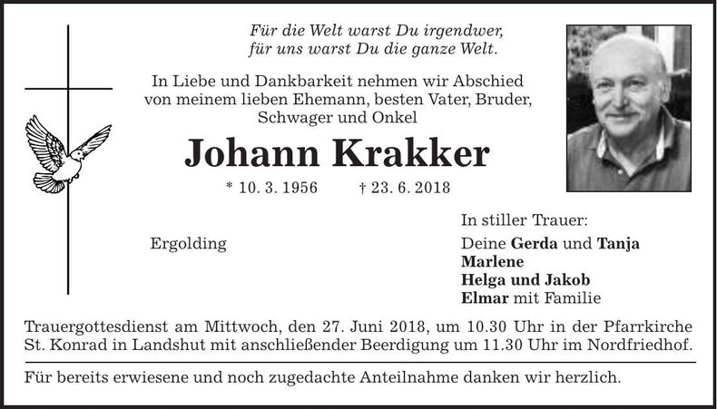 Traueranzeige Johann Krakker