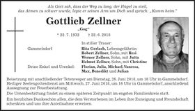 Traueranzeige Gottlieb Zellner