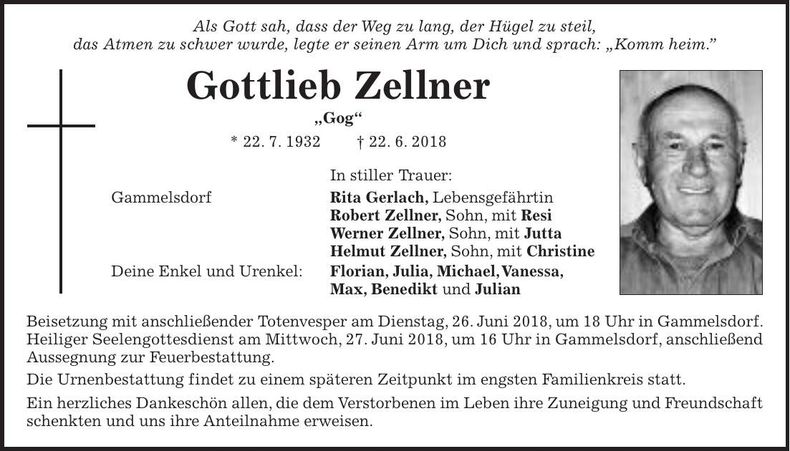 Traueranzeige Gottlieb Zellner