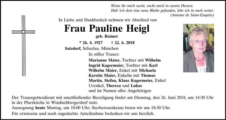 Traueranzeige Pauline Heigl