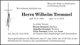 Traueranzeige Wilhelm Tremmel