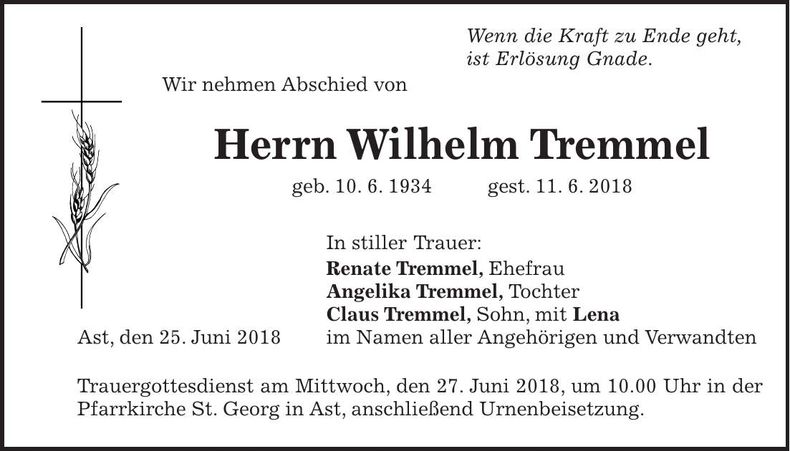 Traueranzeige Wilhelm Tremmel