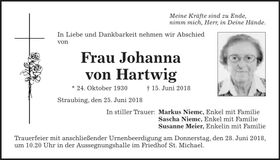 Traueranzeige Johanna von Hartwig