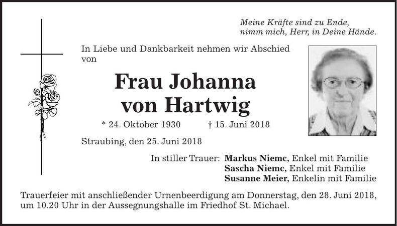 Traueranzeige Johanna von Hartwig