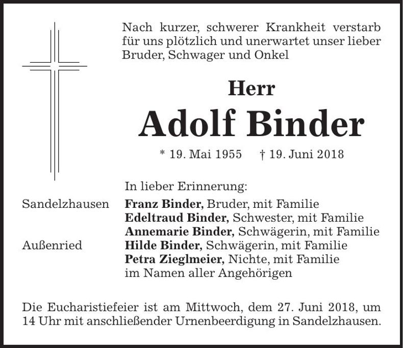 Traueranzeige Adolf Binder