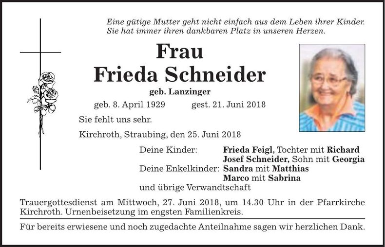 Traueranzeige Frieda Schneider