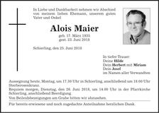 Traueranzeige Alois Maier
