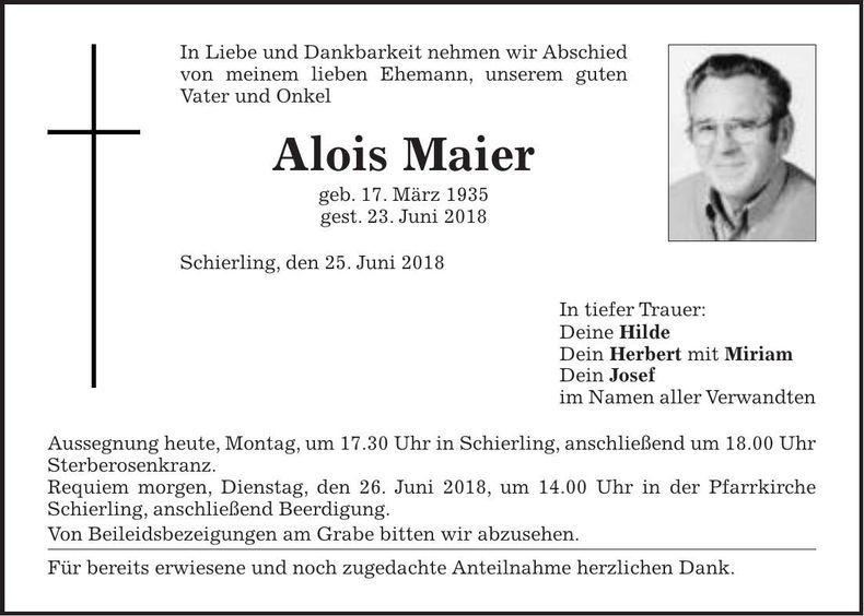 Traueranzeige Alois Maier