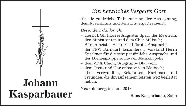 Traueranzeige Johann Kasparbauer