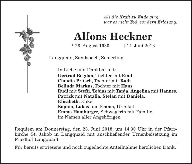 Traueranzeige Alfons Heckner