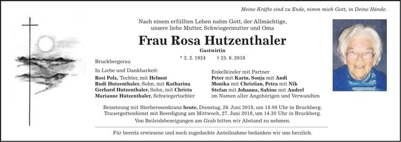 Traueranzeige Rosa Hutzenthaler