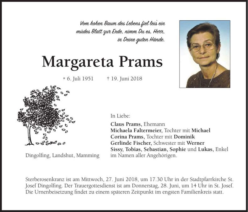 Traueranzeige Margareta Prams