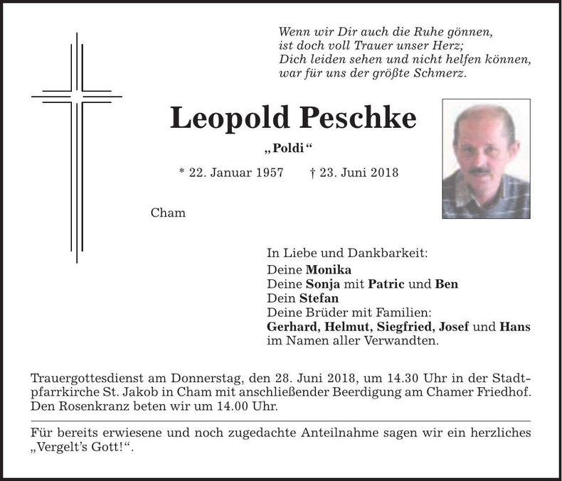 Traueranzeige Leopold Peschke