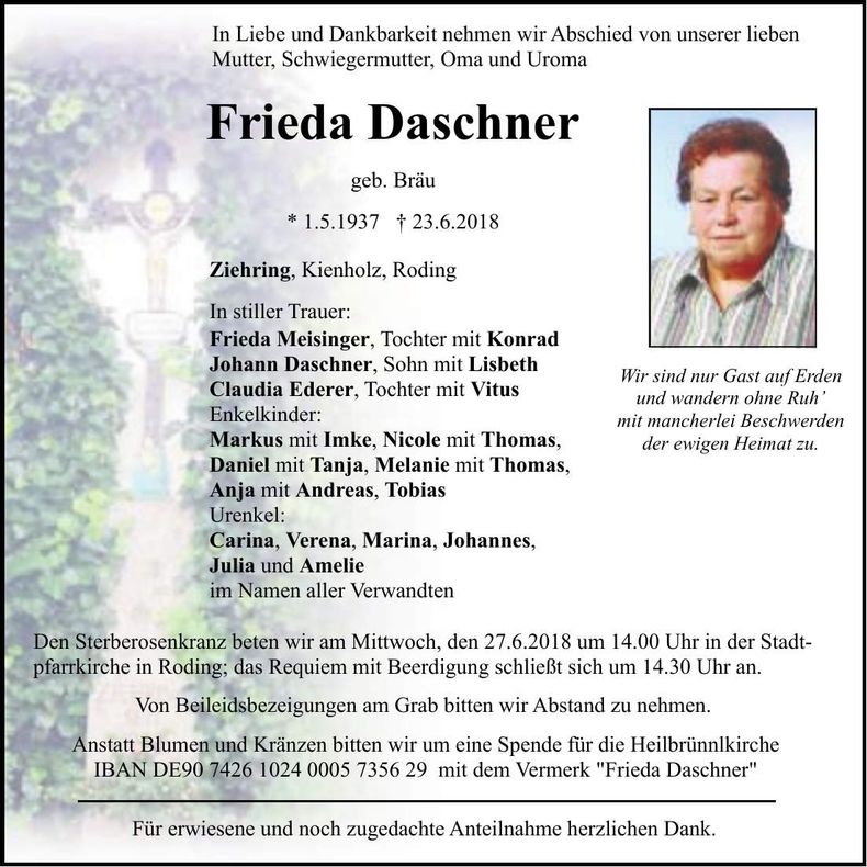 Traueranzeige Frieda Daschner