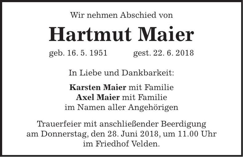 Traueranzeige Hartmut Maier