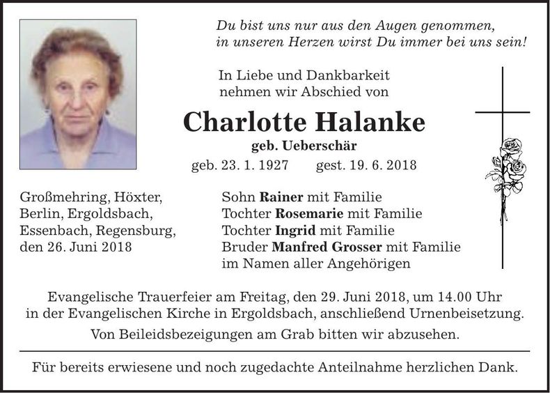 Traueranzeige Charlotte Halanke