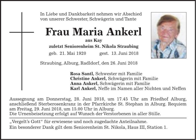 Traueranzeige Maria Ankerl
