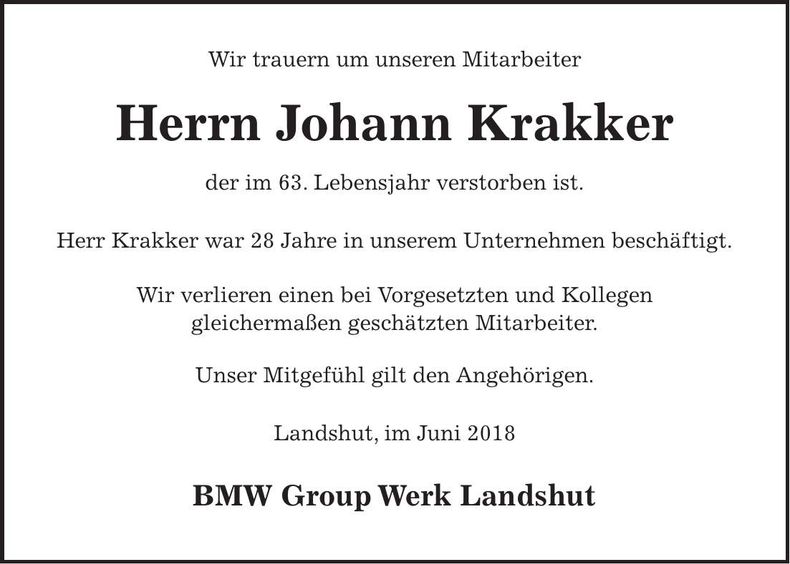 Traueranzeige Johann Krakker