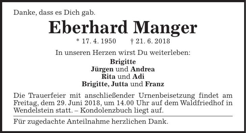 Traueranzeige Eberhard Manger