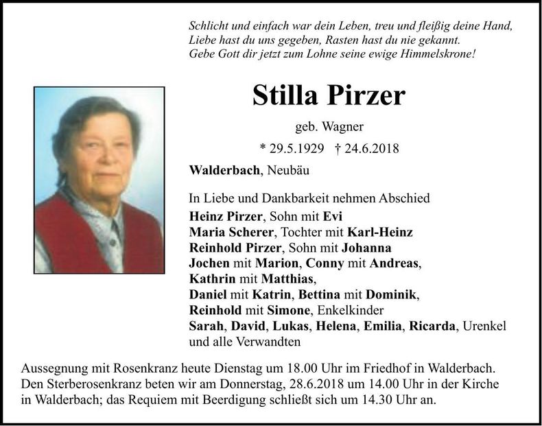 Traueranzeige Stilla Pirzer