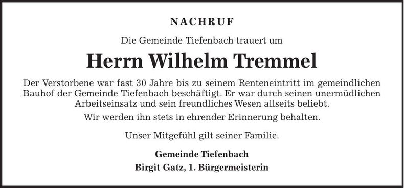 Traueranzeige Wilhelm Tremmel