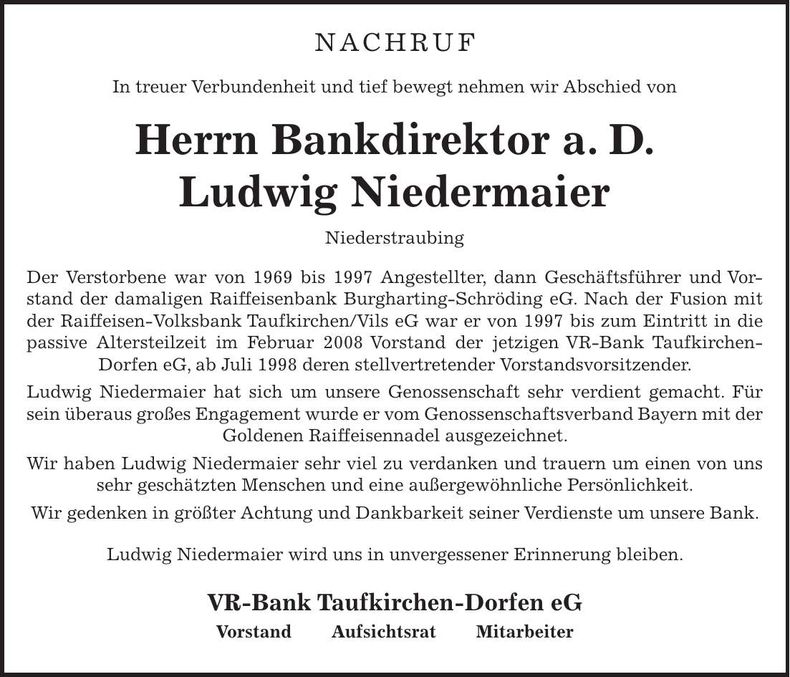 Traueranzeige Ludwig Niedermaier
