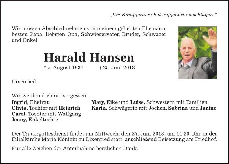 Traueranzeige Harald Hansen