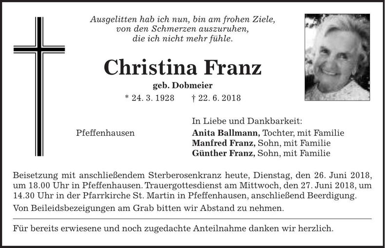Traueranzeige Christina Franz