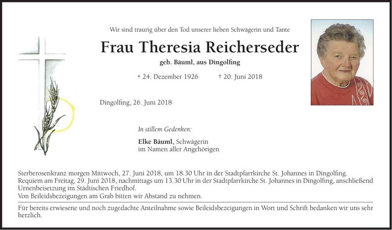 Traueranzeige Theresia Reicherseder