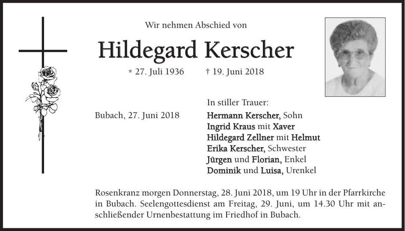 Traueranzeige Hildegard Kerscher
