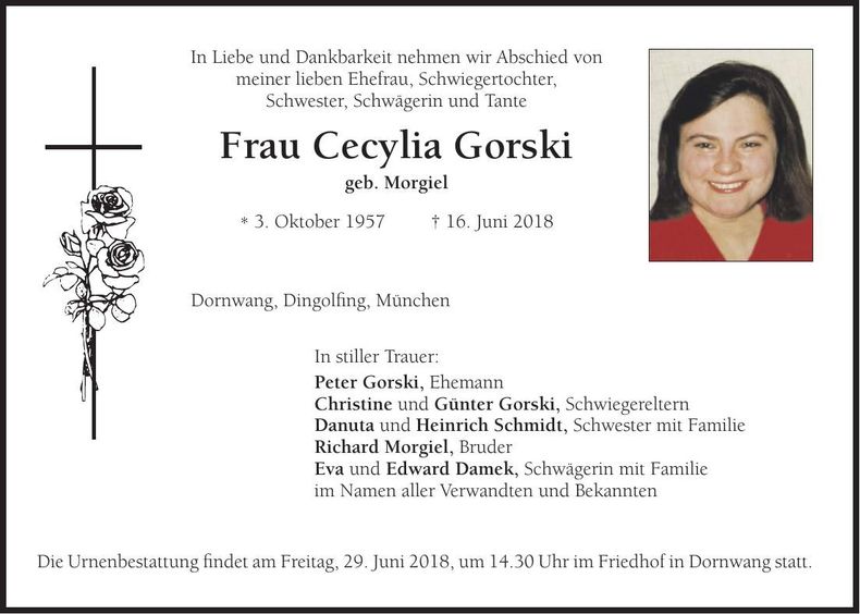 Traueranzeige Cecylia Gorski