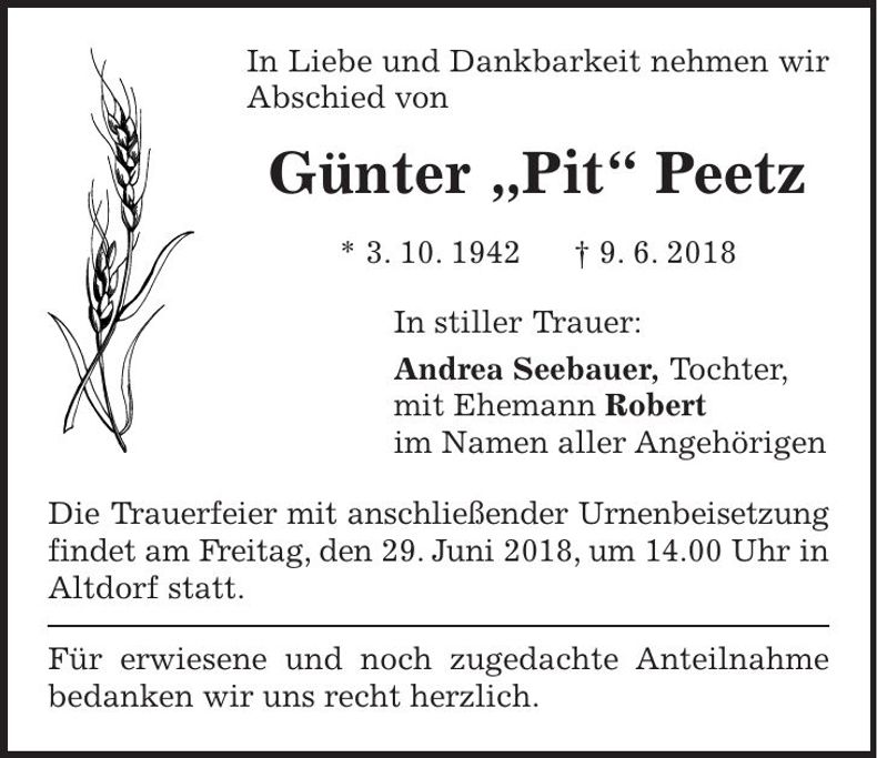 Traueranzeige Günter Peetz