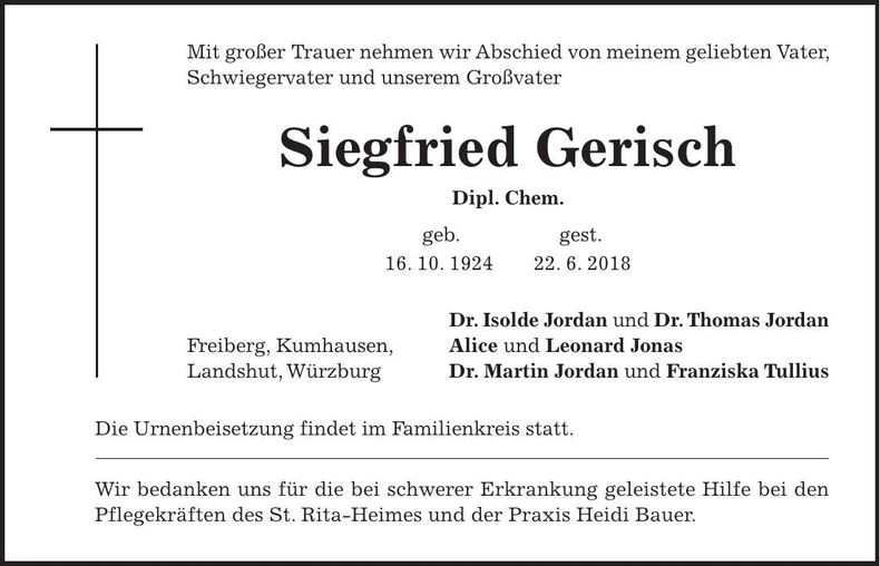Traueranzeige Siegfried Gerisch