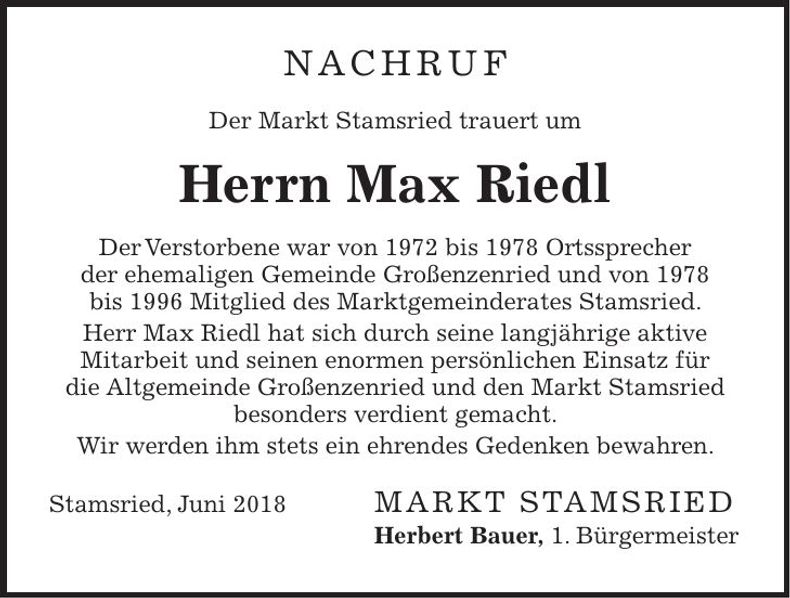 Traueranzeige Max Riedl