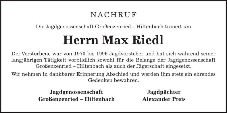 Traueranzeige Max Riedl