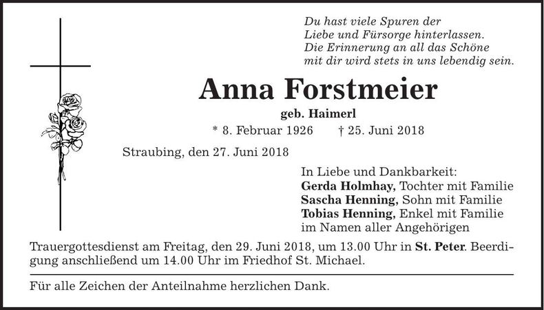 Traueranzeige Anna Forstmeier
