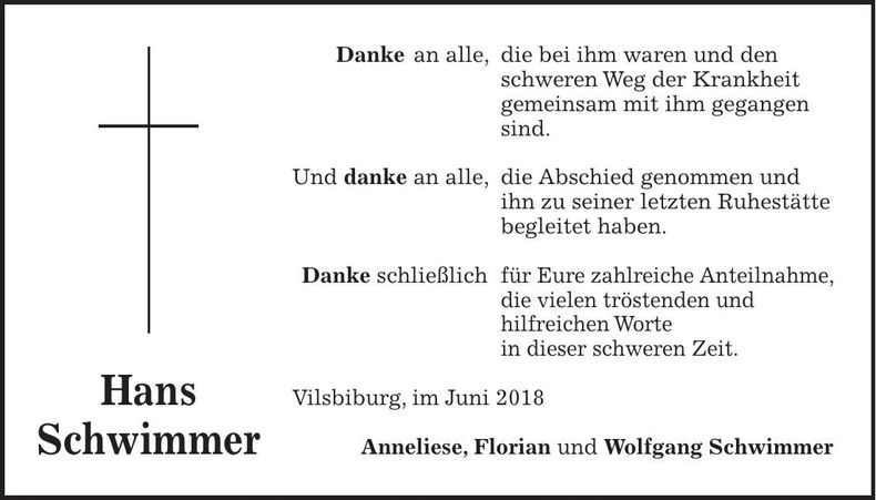 Traueranzeige Hans Schwimmer