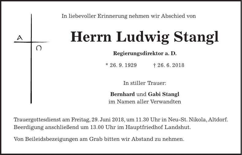 Traueranzeige Ludwig Stangl