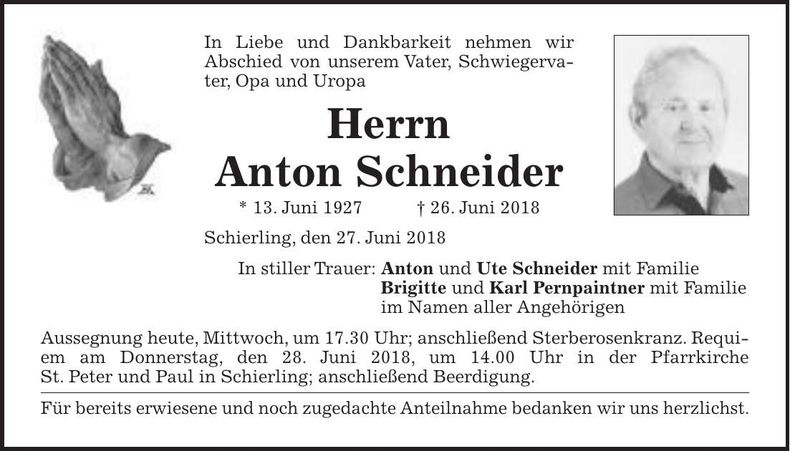 Traueranzeige Anton Schneider