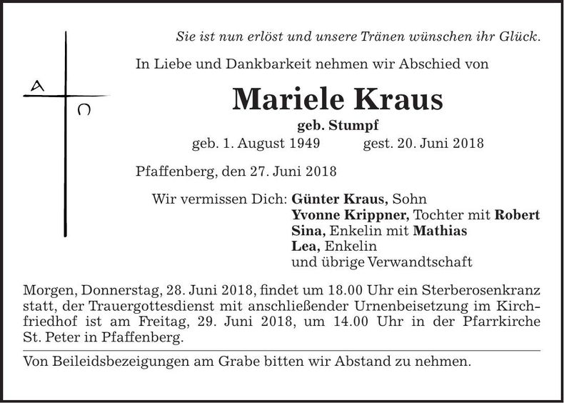 Traueranzeige Mariele Kraus
