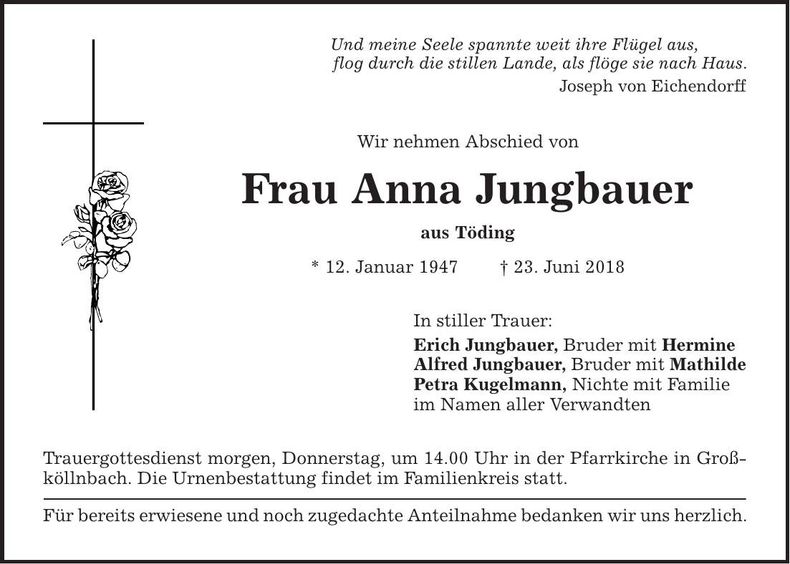 Traueranzeige Anna Jungbauer