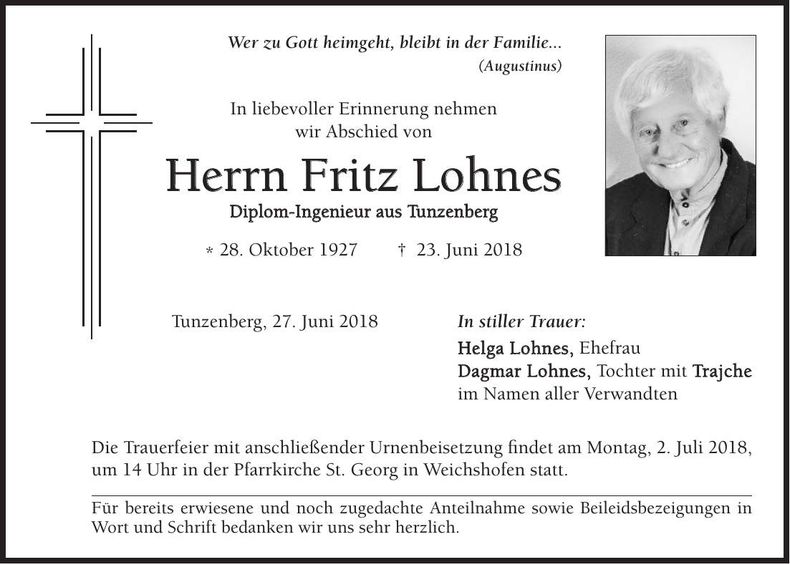 Traueranzeige Fritz Lohnes