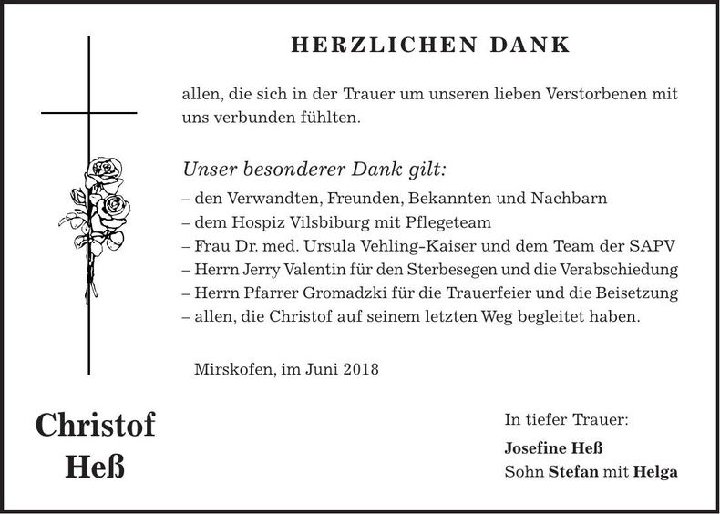 Traueranzeige Christof Heß